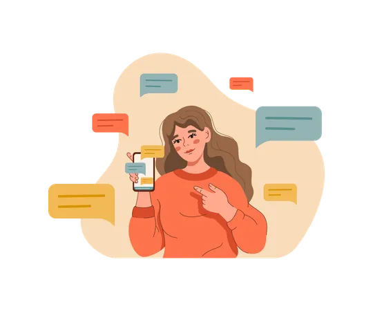Woman blogger shows phone with messages or comments written by subscribers from social networks  Illustration