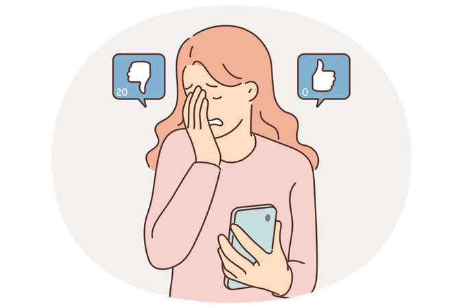 Woman blogger suffers sees dislikes under own post on social network and cries holding phone  Illustration