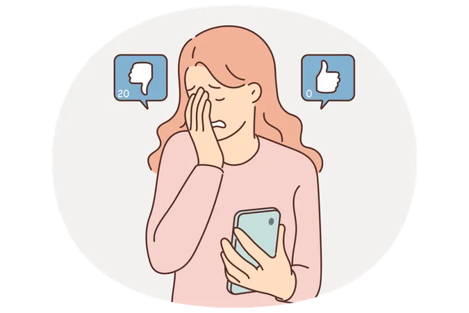 Woman blogger suffers sees dislikes under own post on social network and cries holding phone  Illustration