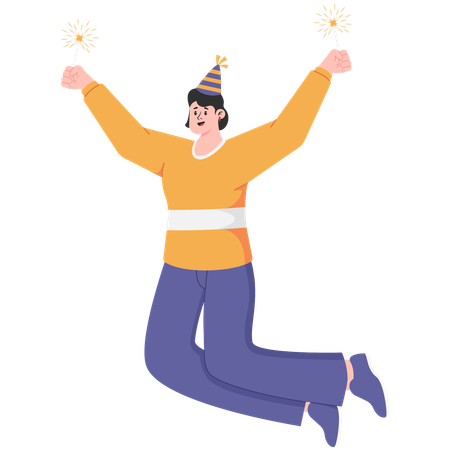 Woman blowing fireworks on new year  Illustration