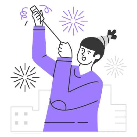 Woman blowing fireworks on new year  Illustration