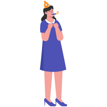 Woman blowing trumpet on new year  Illustration