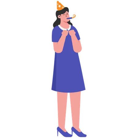 Woman blowing trumpet on new year  Illustration