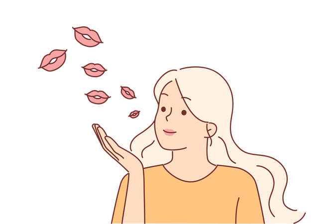 Woman blows kisses attract attention of guy  Illustration
