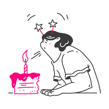 Woman blows out candle on cake  Illustration