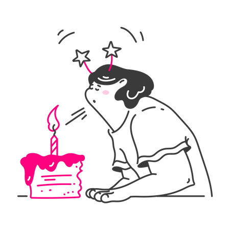 Woman blows out candle on cake  Illustration