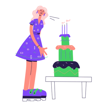 Woman blows out the candles on the cake  Illustration