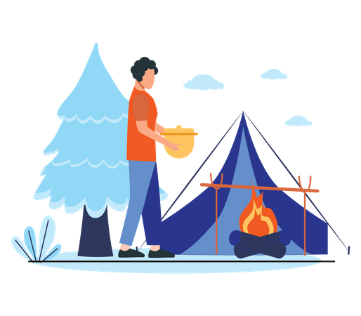 Woman boiling water at camp fire Illustration