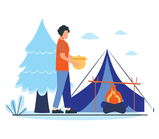Woman boiling water at camp fire Illustration