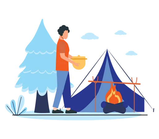 Woman boiling water at camp fire  Illustration