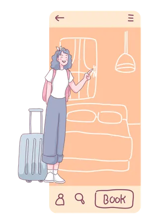 Woman book accommodation through application Illustration