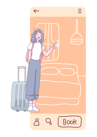 Woman book accommodation through application  イラスト
