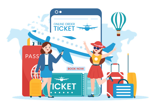 Woman book travel ticket using mobile app Illustration