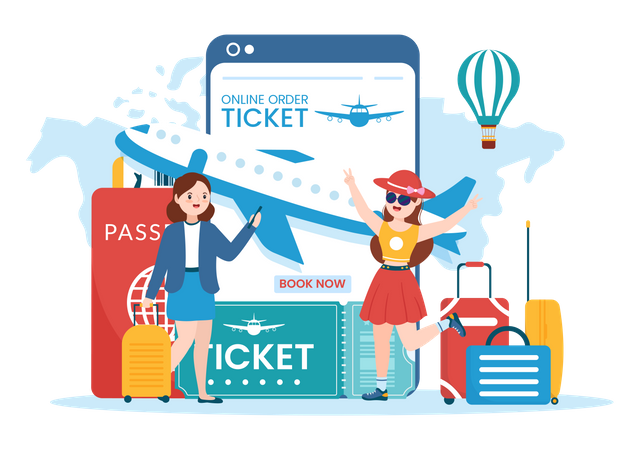 Woman book travel ticket using mobile app  Illustration