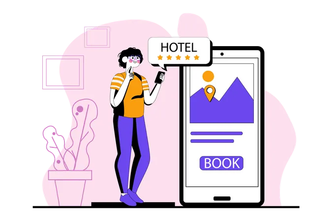 Woman booking 5 star hotel online  Illustration