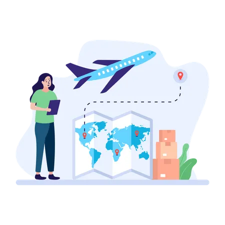 Woman booking flight and setting destination  Illustration