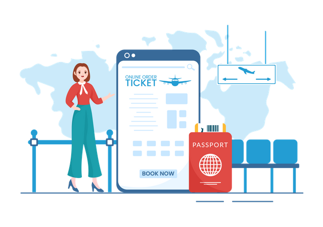 Woman booking flight ticket using app Illustration