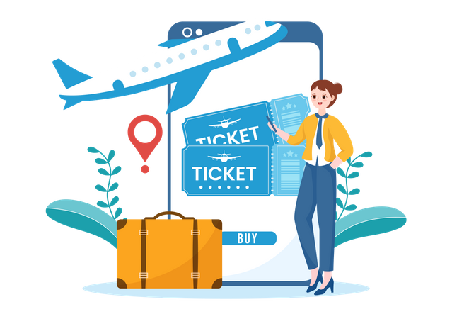 Woman booking flight using online booking Illustration
