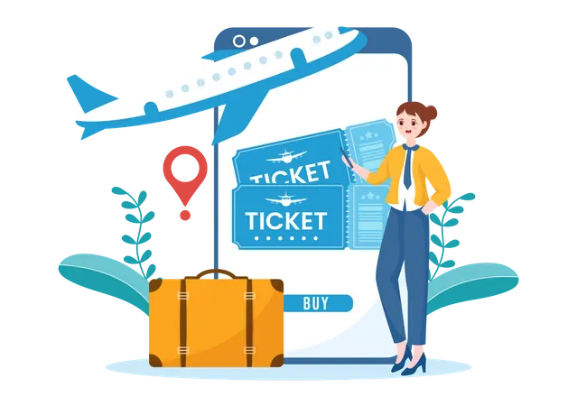 Woman booking flight using online booking Illustration