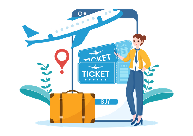 Woman booking flight using online booking  Illustration