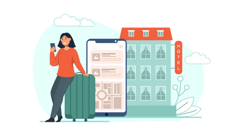 Woman booking hotel on mobile  Illustration