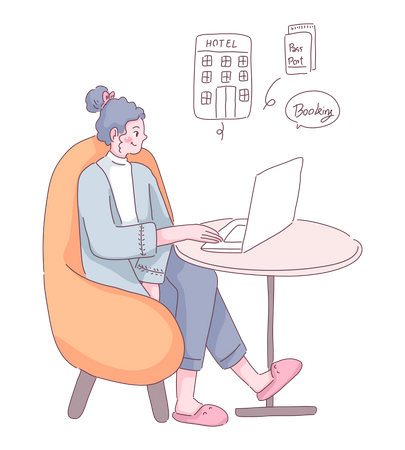 Woman booking hotel through laptop  イラスト