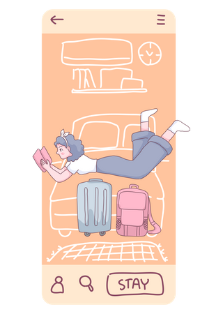 Woman booking hotel through smartphone application  イラスト