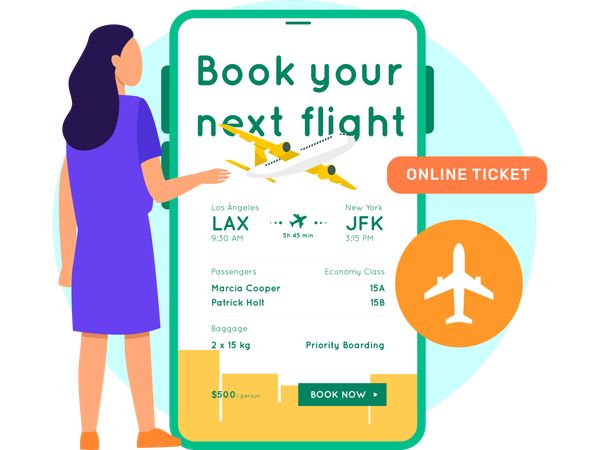 Woman Booking online Flight  Illustration