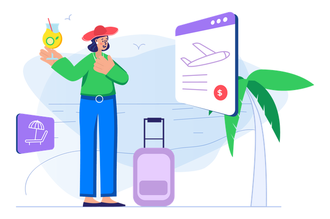 Woman booking online travel ticket Illustration