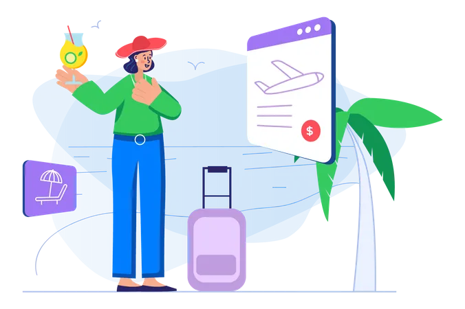 Woman booking online travel ticket Illustration