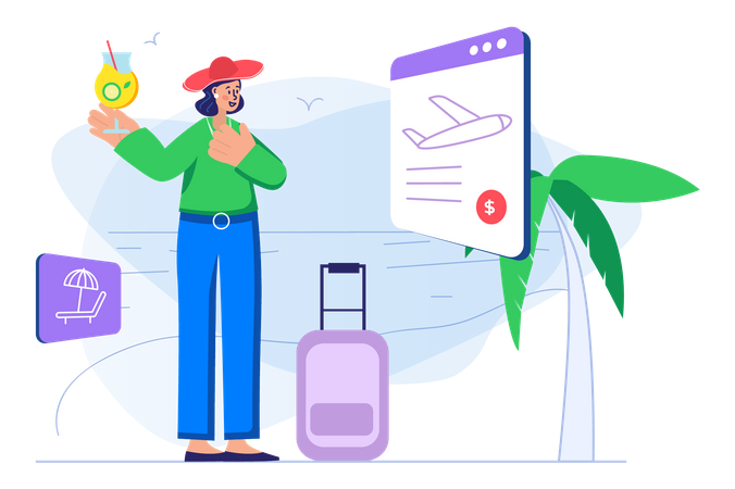 Woman booking online travel ticket  Illustration