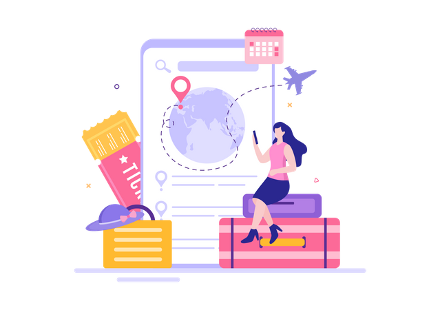 Woman booking travel ticket from mobile  app Illustration