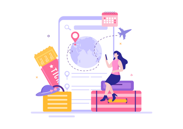 Woman booking travel ticket from mobile  app  Illustration