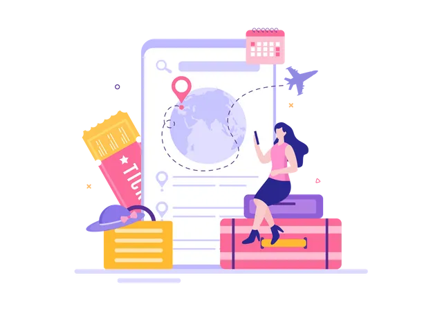 Woman booking travel ticket from mobile  app  Illustration