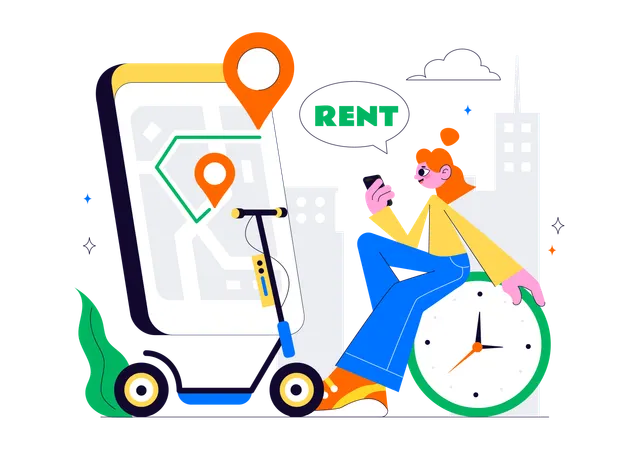 Woman books Electric Scooter Rental Service  Illustration
