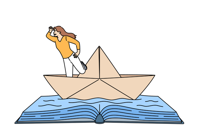 Woman bookworm fantasizes about sailing on ocean and standing in ship floating on book made of water  Illustration