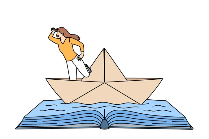 Woman Bookworm Fantasizes About Sailing And Traveling Around World On Ocean Standing In Paper Ship Floating On Book Made Of Water Bookworm Girl Is About To Have Adventures Like Literature Characters Illustration