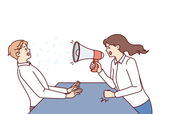 Woman Boss Yells At Subordinate Through Megaphone And Gets Angry Because Of Refusal To Follow Order Aggressive Boss Yells At Man Showing Unprofessionalism And Disregard For Rules Of Subordination Illustration