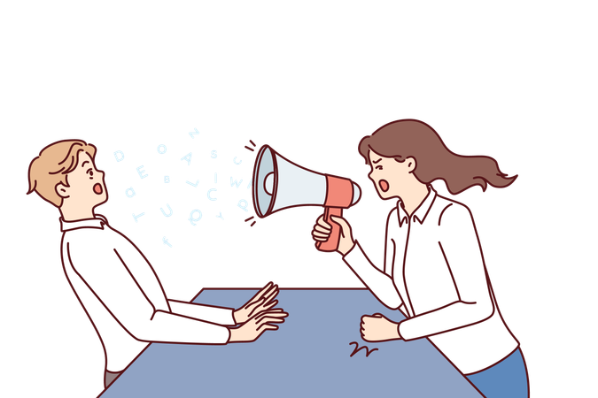 Woman boss yells at subordinate through megaphone  Illustration