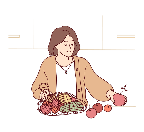 Woman bought fresh groceries  イラスト