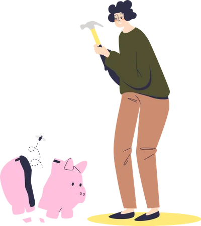 Woman braking empty piggy bank Illustration