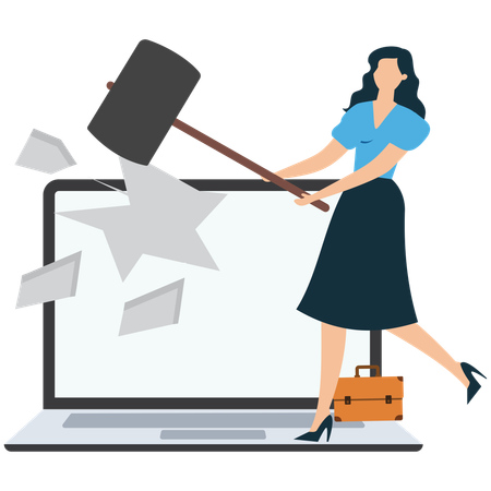 Woman Breaking computer using hammer  Illustration