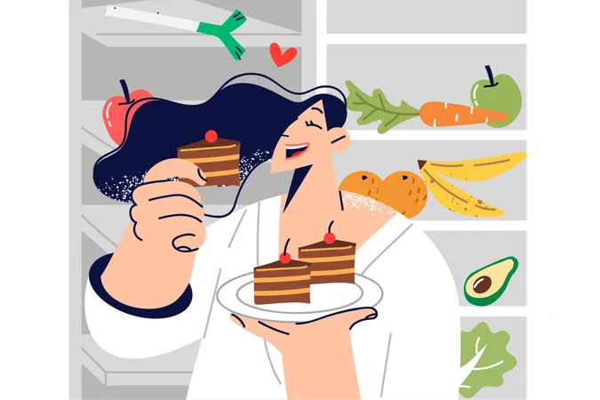 Woman Eats Dessert Breaking Diet Due To Lack Of Willpower And Stands Near Refrigerator With Fruits And Vegetables Girl Uses Cheat Meal Tactics During Diet Eating Cake After Long Break Illustration