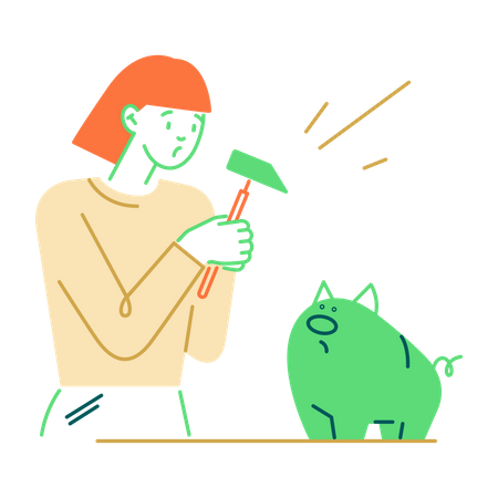 Woman breaking her piggy bank  Illustration