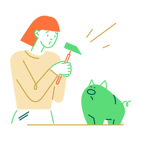 Woman breaking her piggy bank  Illustration