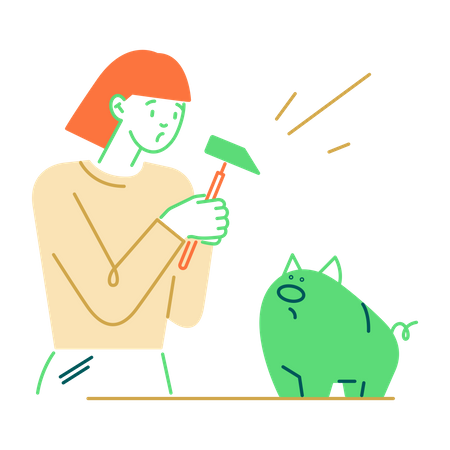 Woman breaking her piggy bank  Illustration