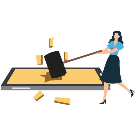 Woman Breaking mobile using hammer  Illustration