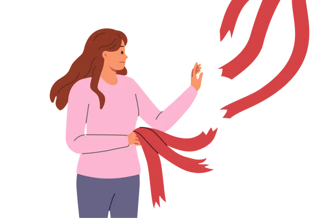 Woman Breaking Old Ties In Form Of Ribbons Hanging From Above For Concept Of Ending Relationship With Toxic Friends Breaking Ties To Get Rid Of Narratives That Negatively Affect Career Growth Illustration