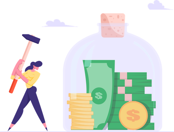 Woman breaking savings jar  Illustration