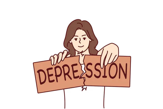 Woman Breaks Depression Sign After Overcoming Psychological Problems And Mental Disorder Caused By Stress Girl Who Overcame Depression With Help Of Trips To Psychotherapist Or Use Of Antidepressants Illustration